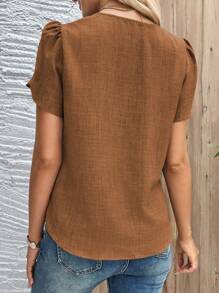 EMERY ROSE Áo sơ mi nữ tay lỡ cài nút phía trước màu trơn, mùa hè, áo tay ngắn - Cà phê nâu - Xem 2