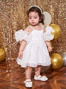 SHEIN 女婴可爱夏季米色针织拼布欧根纱荷叶边吊带连衣裙，适合圣诞节 - 白色 - 查看 3