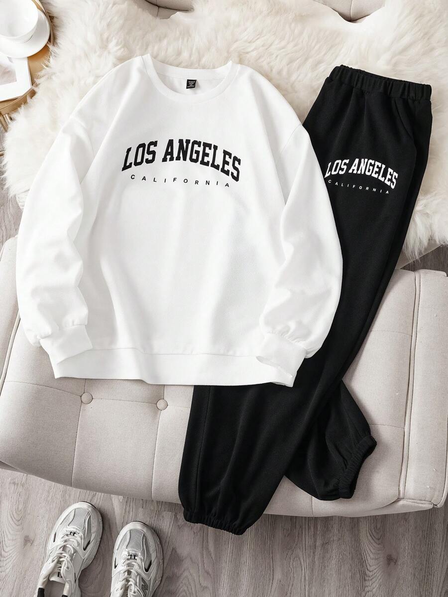 SHEIN EZwear 大码女式简约印花运动衫和裤子两件套 - 彩色 - 查看 1