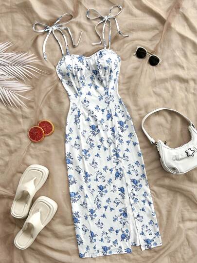 Soleia 女士度假蓝白印花紧身连衣裙，肩带高开衩