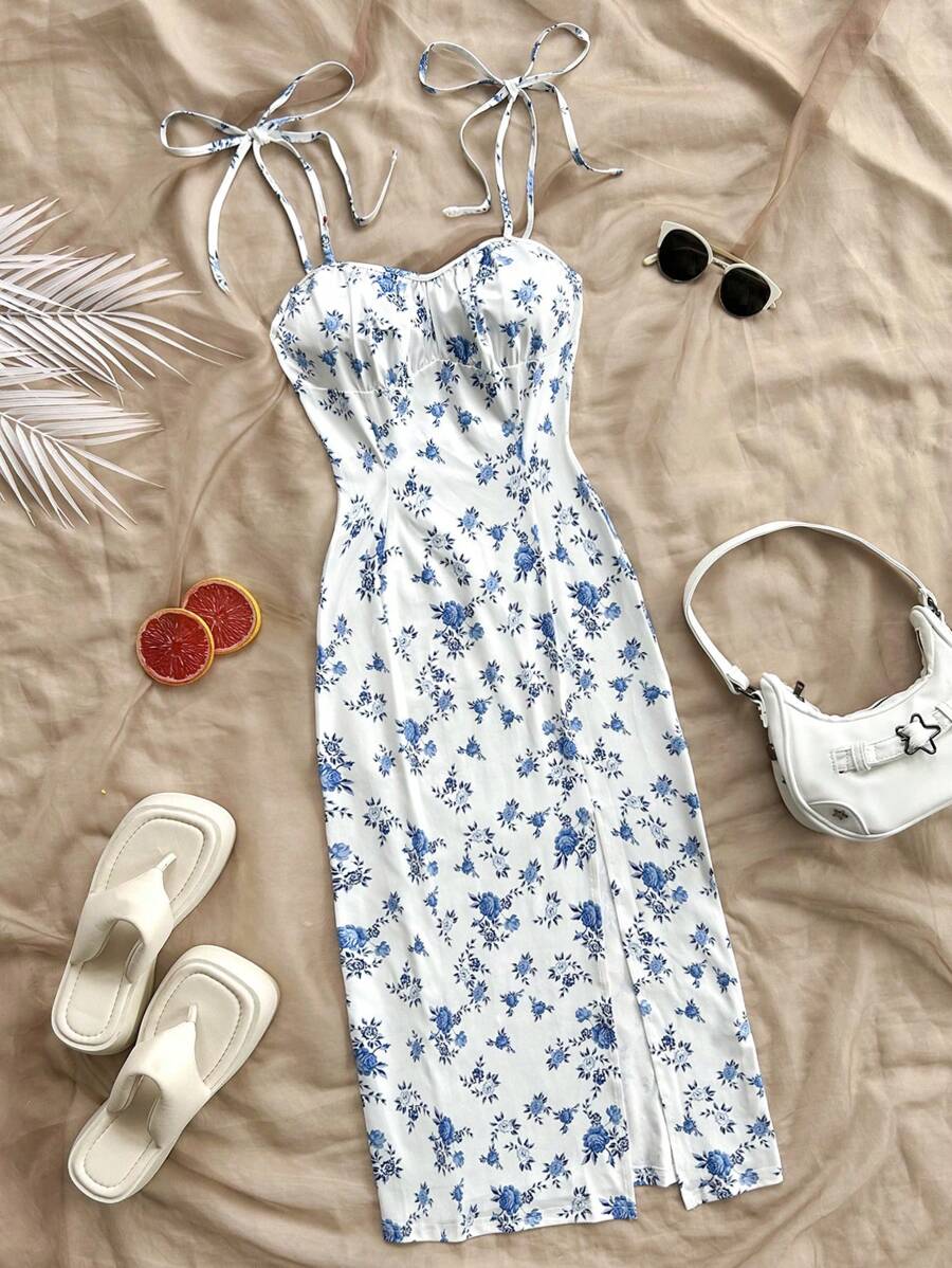 Soleia 女士度假蓝白印花紧身连衣裙，肩带高开衩