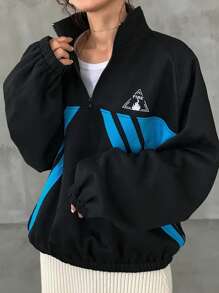 FRIFUL Women's Colorblock Oversized Fleece Sweatshirt With Letter Print Jacket Fall,Winter - Black - View 2