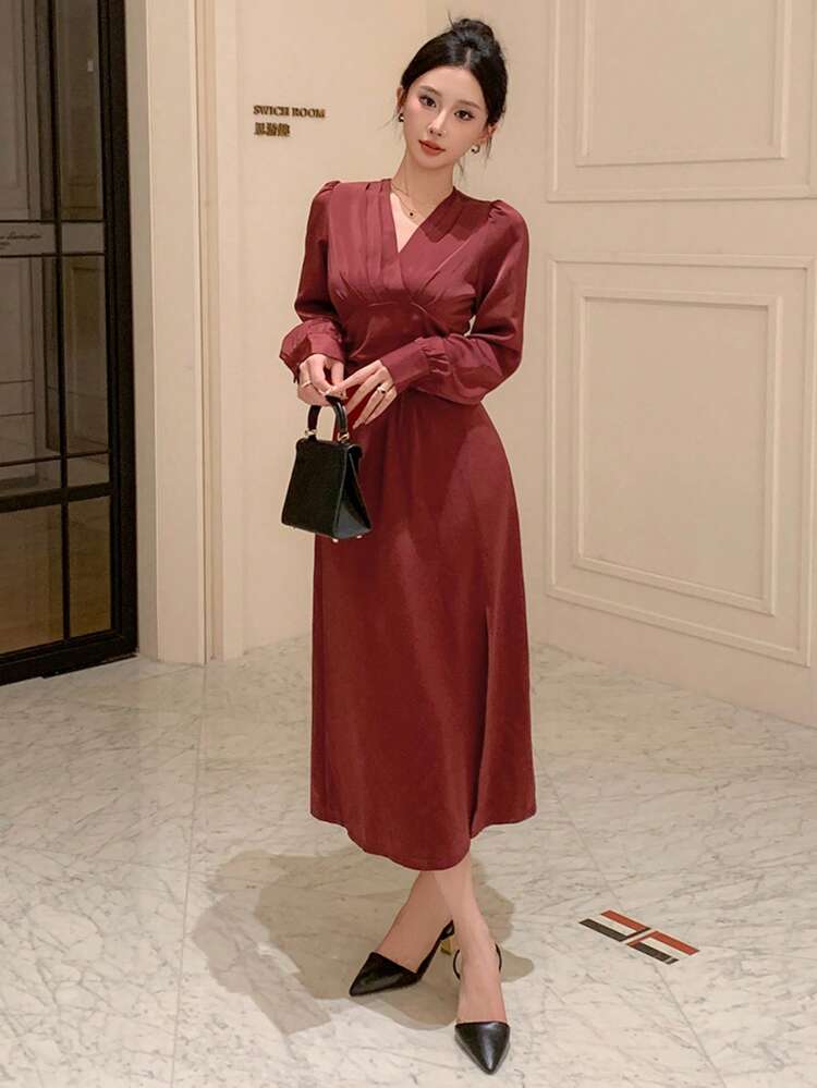 Women's Solid Color V-Neck Long Sleeve Elegant Dress, Spring & Autumn, Birthday Prom Dress Red Women Dresses Maxi Dress