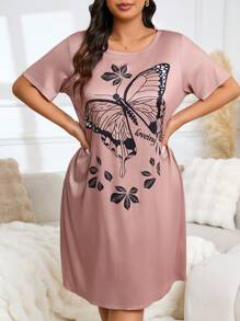 Plus Casual Loose Butterfly Print Short Sleeve T-Shirt Dress, All Seasons, Moo Moo - Multicolor - View 6