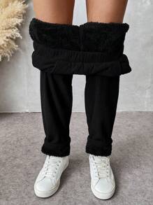 SHEIN Essnce Pantalones negros de felpa gruesa para mujer, pantalones de pana cálidos, leggings, pantalones harem de cintura alta para otoño e invierno
