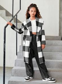 Tween Girl Black And White Check Buffalo Plaid Print Waterfall Collar Long Overcoat,Suitable For Travel, School, Daily Gatherings, Autumn And Winter - Black and White - View 4