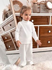 SHEIN 3 件套女婴韩式秋冬装，长袖 T 恤、裤子、毛绒夹克 - 彩色 - 查看 5