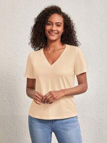SHEIN BASICS 女款V領短袖寬鬆實色T恤，休閒日常穿著 - 黃色 - 查看 5