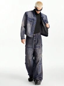 NEON BLANC Men's Washed Denim Jacket With Padded Shoulders And Oversized Fit