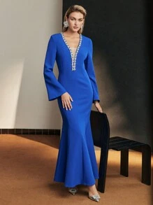 MOTF Soiréza RHINESTONE DETAIL BELL SLEEVE MERMAID HEM FORMAL EVENING DRESS - Blue - View 2