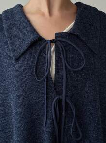 FRIFUL 女士纯色翻领前系带落肩长袖休闲衬衫 - 藏蓝色 - 查看 5