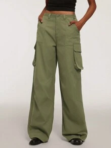 Forever 21 Fall&Winter Women Green Baggy Low Rise Solid Color Cargo Style Pants - Army Green - View 3