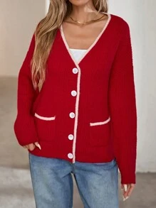 Women's Casual Loose Cardigan With Dropped Shoulders, Long Sleeves, Autumn/Winter - Red - View 1