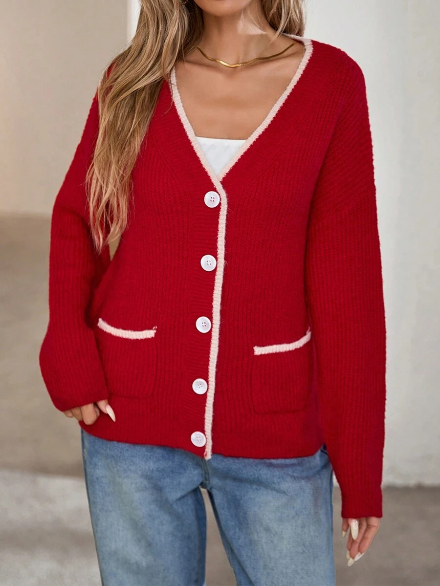Women's Casual Loose Cardigan With Dropped Shoulders, Long Sleeves, Autumn/Winter - Red - View 1
