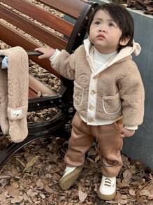 2 Stück/Set Baby Jungen Set aus luftiger Fleecejacke mit Tierohr Design und Schal, Herbst/Winter Kleidung - Braun - Übersicht 5