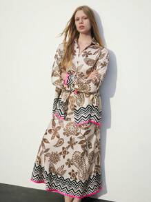 Maija 2-częściowy damski swobodny zestaw bluzki i spódnicy z nadrukiem roślinnym, jesień