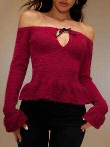 SHEIN Unity Bluză la modă pentru femei, cu mâneci lungi, cu umăr dezactivat, cu mânecă lungă, cu volană, primăvară/toamnă, ținute de Crăciun, top peplum, topuri roșii pentru femei, pulover cu umăr dezactivat