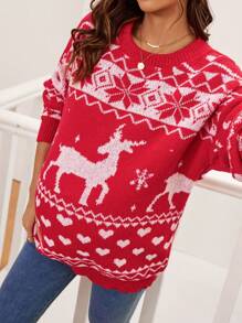 SHEIN Áo len dài tay hở vai họa tiết hình học cho bà bầu, mùa thu/đông, dành cho bà bầu - Màu Đỏ Sâu - Xem 3