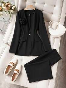 SHEIN Unity 2pcs Chic Fitted Blazer Jacket And Split Hem Skirt Suit Set For Women Fall Cloth For Women - Black - View 6