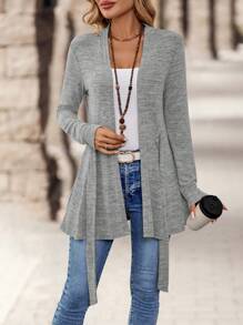 EMERY ROSE Women's Casual Solid Color Front Tie Fitted Jacket - Grey - View 5