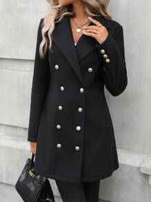 SHEIN LUNE Office Wear Winter Women Coat,Long Wool Artificial Wool Elegant Blend Coat Slim Female Long Coat Black Outerwear Pea Coat - Black - View 7