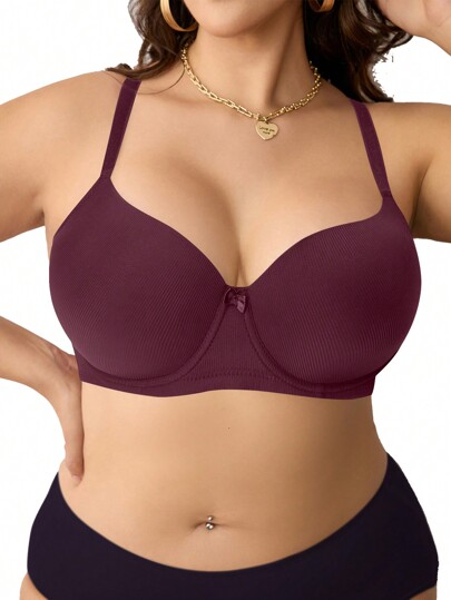 Plus Size Casual Comfy Medium Stretch Fabric Bra In Purple With Back Detail And Bow Accent, Lift