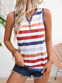 EMERY ROSE Ladies' Fashionable Summer Striped Top With Notched V-Neck And Random Print - Multicolor - View 4