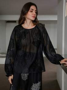 SHEIN Privé Delicate & Elegant Embroidery Textured Sheer Lantern Sleeve Round Neck Blouse For Women Fall Cloth For Women - Black - View 5
