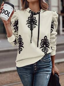 SHEIN LUNE 女士印花休闲抽绳连帽卫衣，春秋季套头衫 - 杏色 - 查看 4