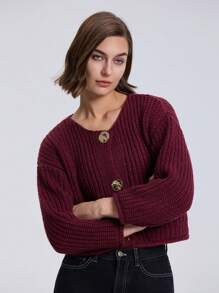 Áo khoác cardigan dệt kim gân cổ tròn màu trơn có túi, áo khoác ngoài dài tay - Màu Đỏ Sâu - Xem 3