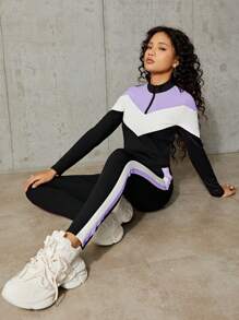 SHEIN Leap Crew 2pcs Teenage Girls' Color Block Collared Half-Zip T-Shirt And Casual Pants Set - Mauve Purple - View 5