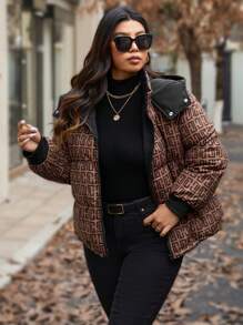 Calvaya Plus Size Allover Print Hooded Zipper Padded Padded Coat, Winter Clothes Fall Clothes Autumn - Brown - View 7