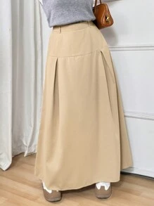 Calvaya Plus Size Women's Solid Color Pleated Maxi Loose A-Line Skirt Fall Cloth For Women - Khaki - View 1