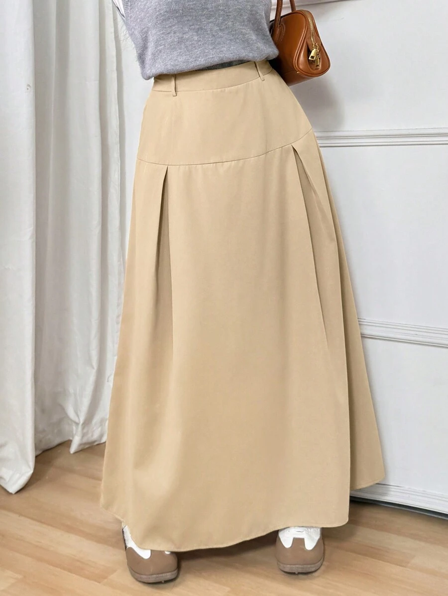 Calvaya Plus Size Women's Solid Color Pleated Maxi Loose A-Line Skirt Fall Cloth For Women - Khaki - View 1