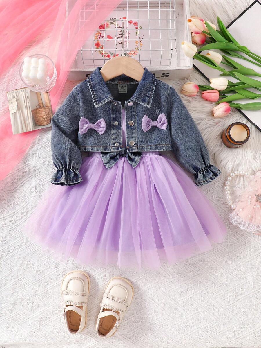 Baby Girl Spring Autumn Bowknot Decor Long Sleeve Jacket And Mesh Splice Cami Dress 2pcs/Set - Mauve Purple - View 1