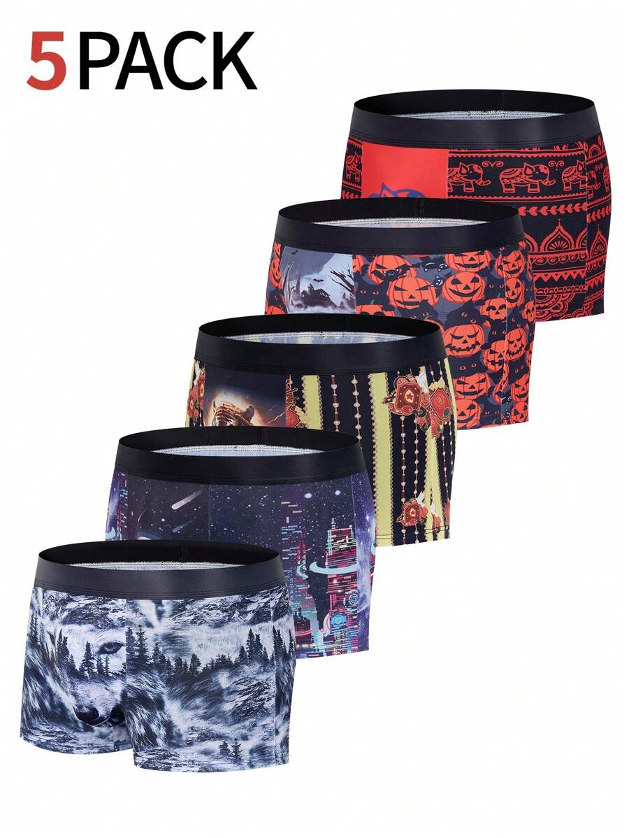 5pcs/Pack Men Comfortable Halloween Graphic Boxer Briefs - Multicolor - View 1