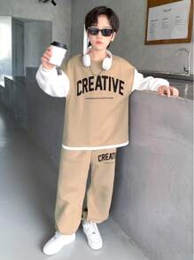 SHEIN Leap Crew Bộ quần áo nỉ và áo phông in chữ 2 món thường ngày cho bé trai tuổi mới lớn, dáng rộng, đi học, đi làm, thường ngày, thể thao, thu đông - Màu Khaki - Xem 4
