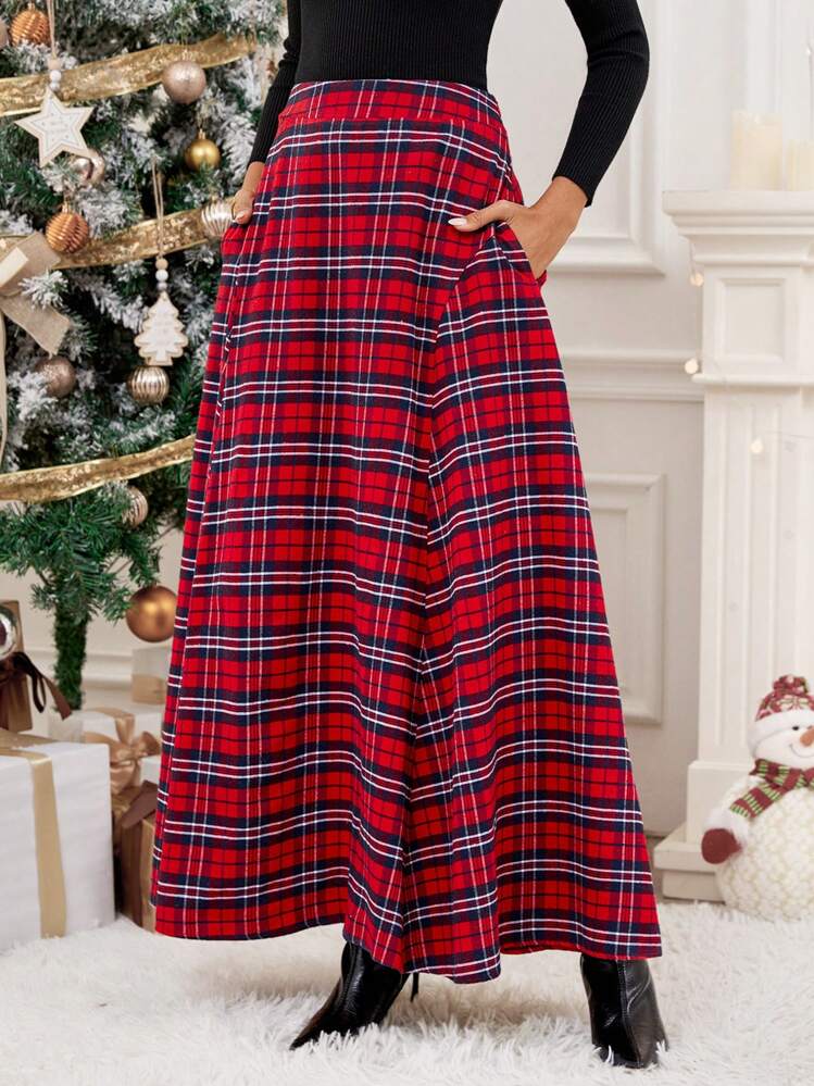 SHEIN Essnce チェック柄ロングスカート ポケット付き カジュアル