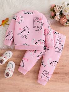 Bộ 2 món/Bộ đồ thể thao thường ngày in hình khủng long dễ thương cho bé gái, Thu/Đông - Hồng - Xem 2