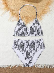 Tween Girl Random Paisley Print Halter Neck Bikini Set - Black and White - View 5