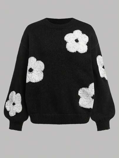 SHEIN Girlism 青少年女孩超大号黑色花朵拼布柔软针织宽松圆领长袖毛衣