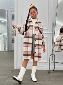 Slaydiva Tween Girl Plaid Print Long Sleeve Casual Jacket, Fall/Winter - Multicolor - View 3