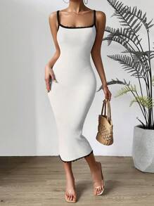 Chiquease Women Elegant Contrast Color Long Fitted Sleeveless Sweater Dress, Spring Autumn - White - View 3