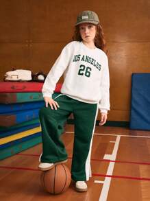 SHEIN Explorewe 2 件 Tween Girl 数码印花连帽衫和拼色阔腿运动裤套装，街头休闲风格 - 玫紅色 - 查看 7