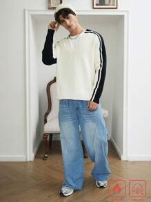 Chillumni كنزة صوفية مُحبوكة أكمام طويلة بياقة على شكل V لون متكتل للرجال