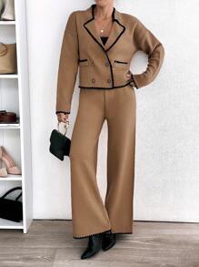 RueChic Woman Pocket And Ruffle Detailed Contrast Cardigan And Sweater Pants Sweater Co-Ords Comfy Warm Set - Camel - View 1