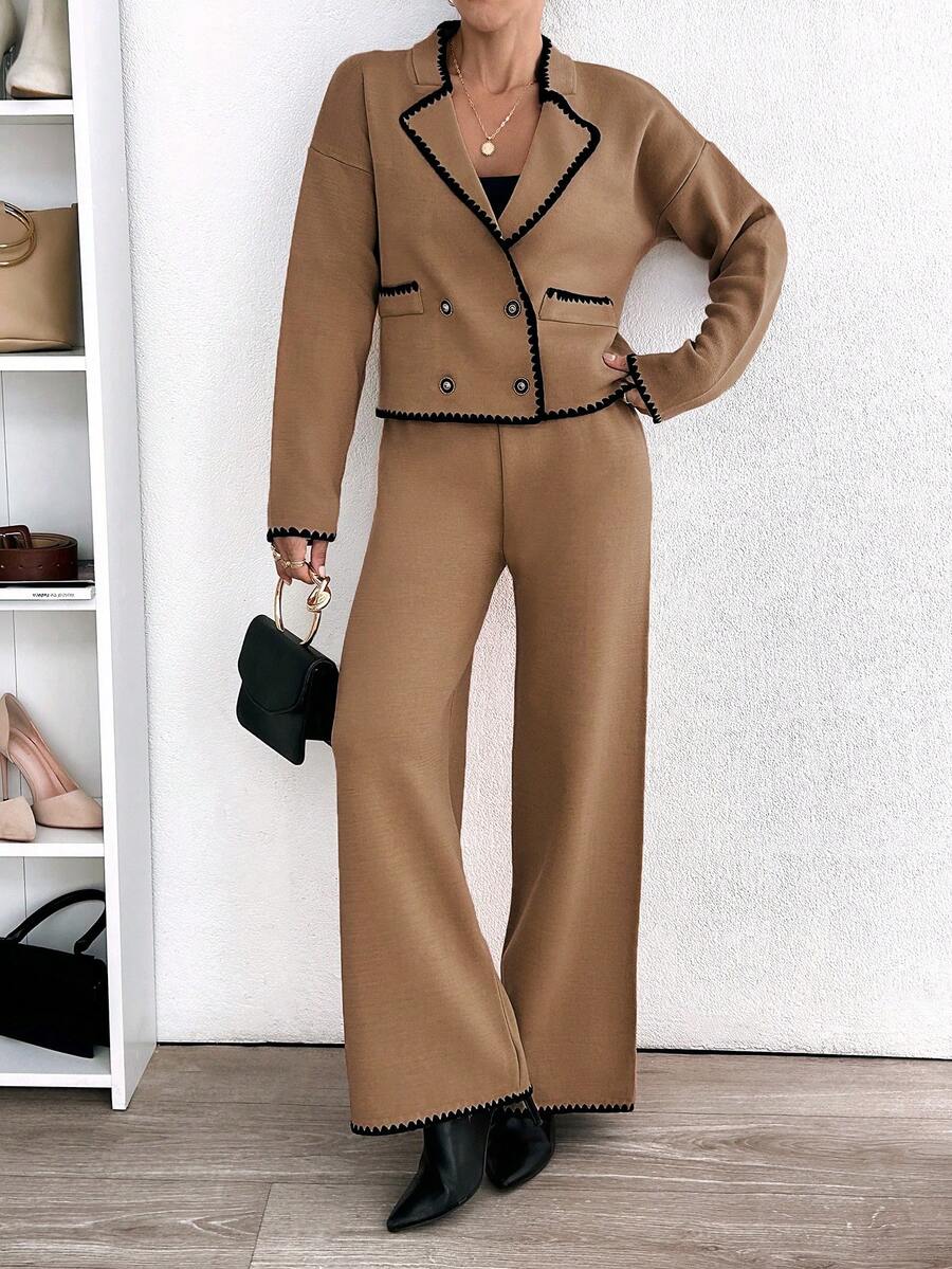 RueChic Woman Pocket And Ruffle Detailed Contrast Cardigan And Sweater Pants Sweater Co-Ords Comfy Warm Set - Camel - View 1