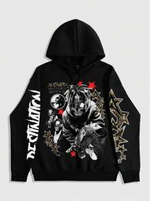 ROMWE MEN Street Life Japanese-Style Pull-Over Sweatshirt With Graphic Print And  Twill Shorts Set - Black - View 5