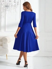 SHEIN Clasi Đầm midi buộc eo cổ tròn tay ngắn màu trơn cho nữ, xuân hè - Xanh đậm - Xem 2