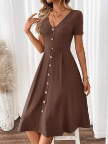 SHEIN Clasi Vestido línea A de manga corta con escote en V elegante para mujer - Café integral - Ver 3